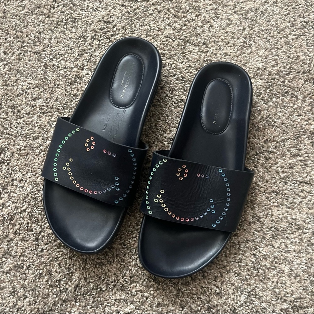 Anya Hindmarch navy blue leather smiley slides size 39
